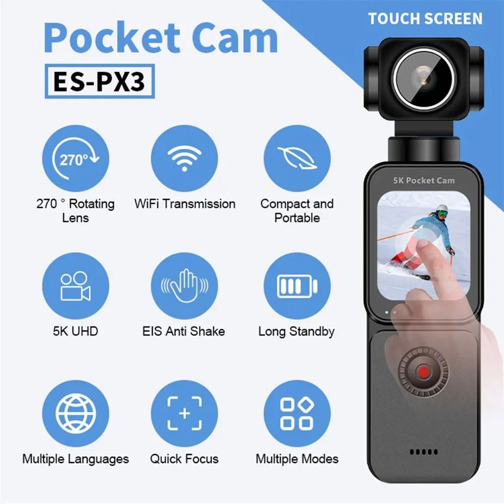 5K Pocket Action Camera 270° Auto Rotatable Stabilization Touch Screen Sports DV Bodycam 4X Zoom Portable Digital Video Recorder