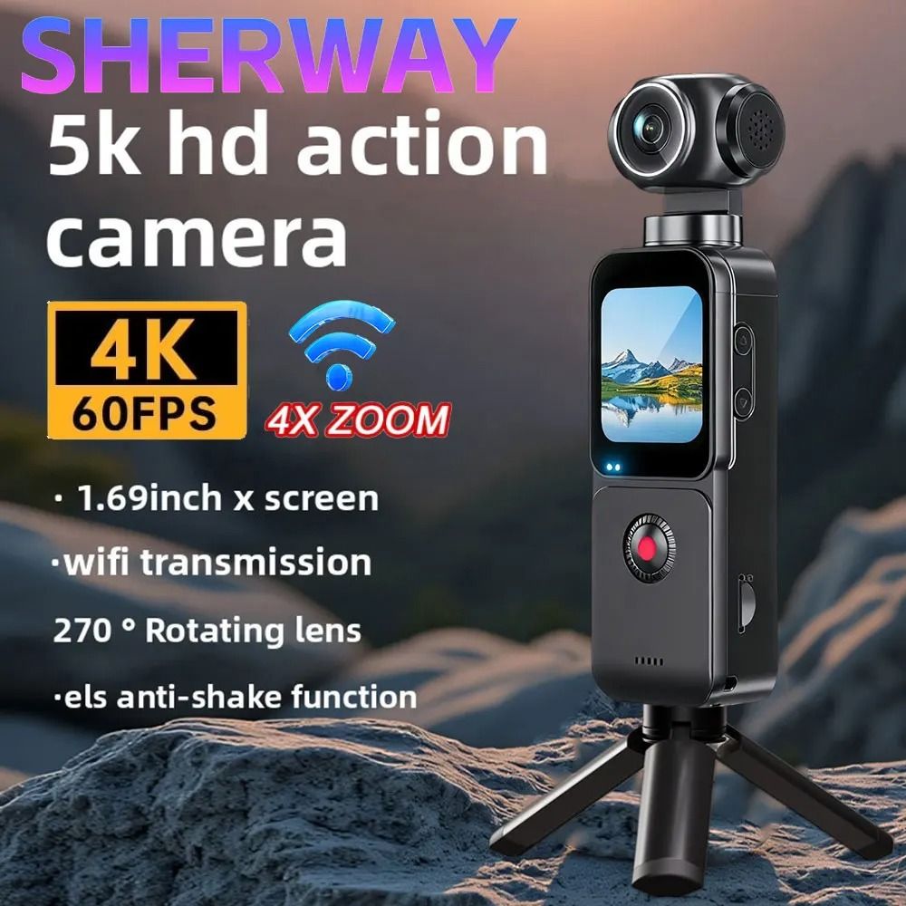 5K Pocket Action Camera 270° Auto Rotatable Stabilization Touch Screen Sports DV Bodycam 4X Zoom Portable Digital Video Recorder