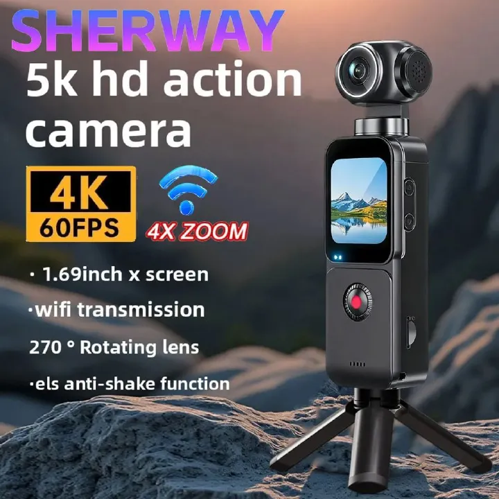 5K Pocket Action Camera 270° Auto Rotatable Stabilization Touch Screen Sports DV Bodycam 4X Zoom Portable Digital Video Recorder