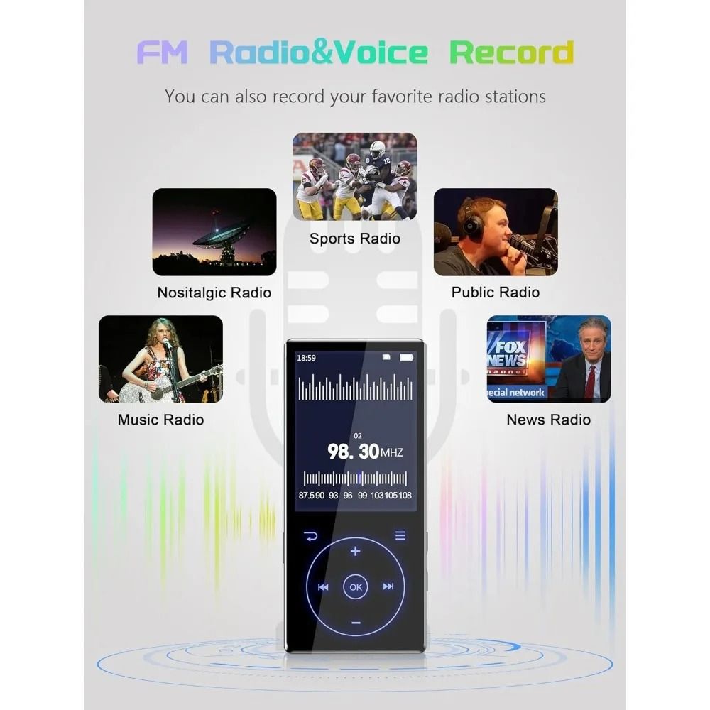 M5-2026 MP3 Player with Bluetooth 5.0, HD Speaker 2.4" Screen Voice Recorder FM Radio, Supports 64GB, Includes Earphones & TF Card