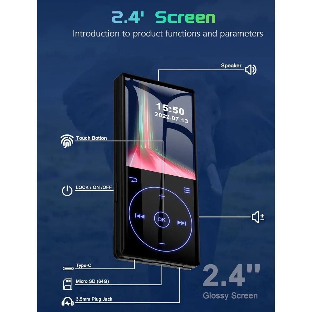 M5-2026 MP3 Player with Bluetooth 5.0, HD Speaker 2.4" Screen Voice Recorder FM Radio, Supports 64GB, Includes Earphones & TF Card