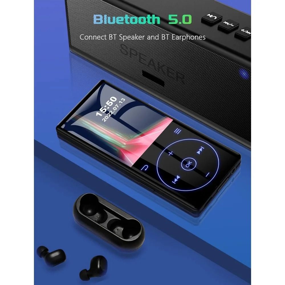 M5-2026 MP3 Player with Bluetooth 5.0, HD Speaker 2.4" Screen Voice Recorder FM Radio, Supports 64GB, Includes Earphones & TF Card