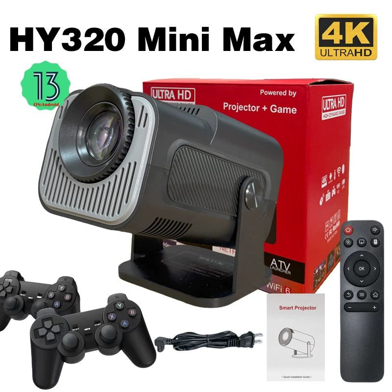 HY320 Mini Newly Native 720P Android 13 4K Projector 390ANSI Wifi6 BT5.0 Cinema Outdoor Portable 180° Rotable Projector