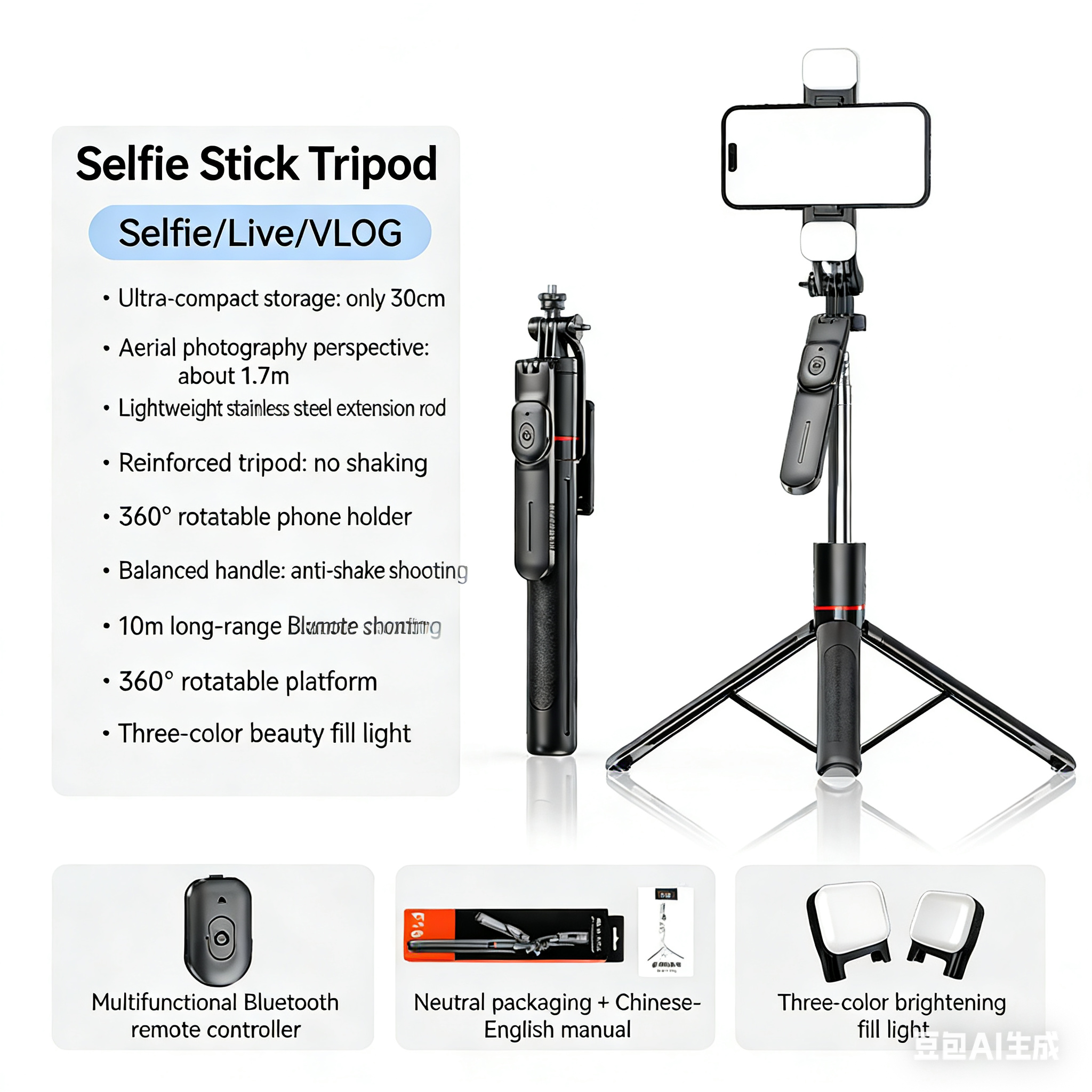 F16 Selfie Stick with Adjustable Tripod, 360° Shooting, Detachable Phone Holder, Bluetooth,1.7m Telescopic,Android/iOS