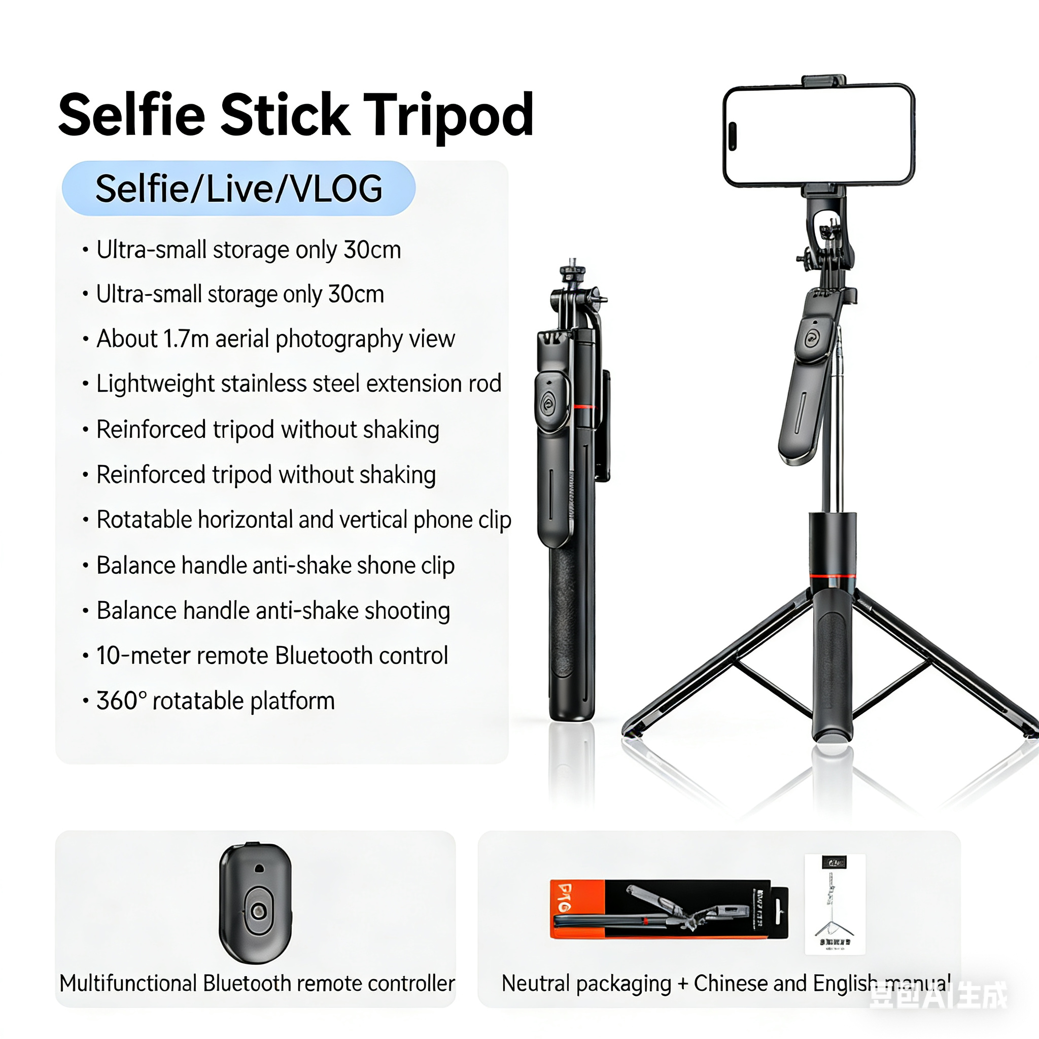 F16 Selfie Stick with Adjustable Tripod, 360° Shooting, Detachable Phone Holder, Bluetooth,1.7m Telescopic,Android/iOS