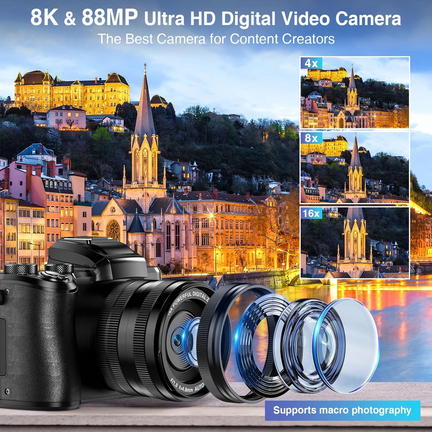 DC226  8K Digital Cameras Autofocus 88MP WiFi Profession Camera with Dual-Lens 16X Digital Zoom Photography Camera with Touch Screen.