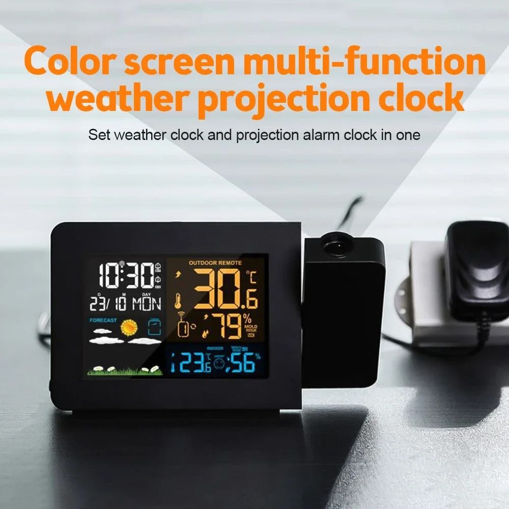 Atomic Projection Alarm Clock with Weather Station for Bedrooms, Projector Clocks with WWVB Function, Indoor Outdoor Thermometer