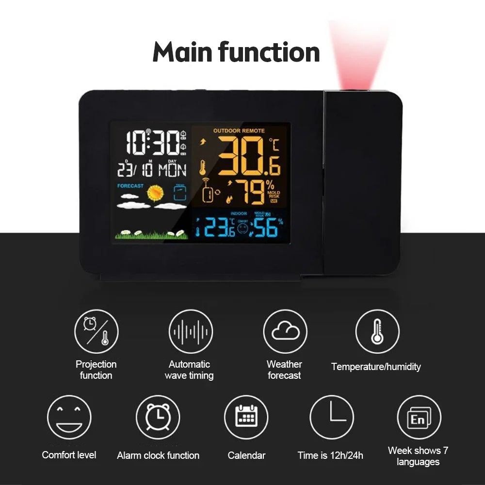Atomic Projection Alarm Clock with Weather Station for Bedrooms, Projector Clocks with WWVB Function, Indoor Outdoor Thermometer