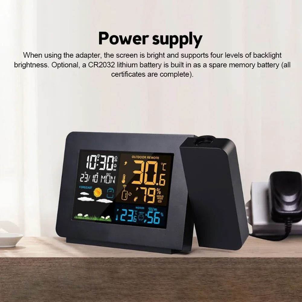 Atomic Projection Alarm Clock with Weather Station for Bedrooms, Projector Clocks with WWVB Function, Indoor Outdoor Thermometer