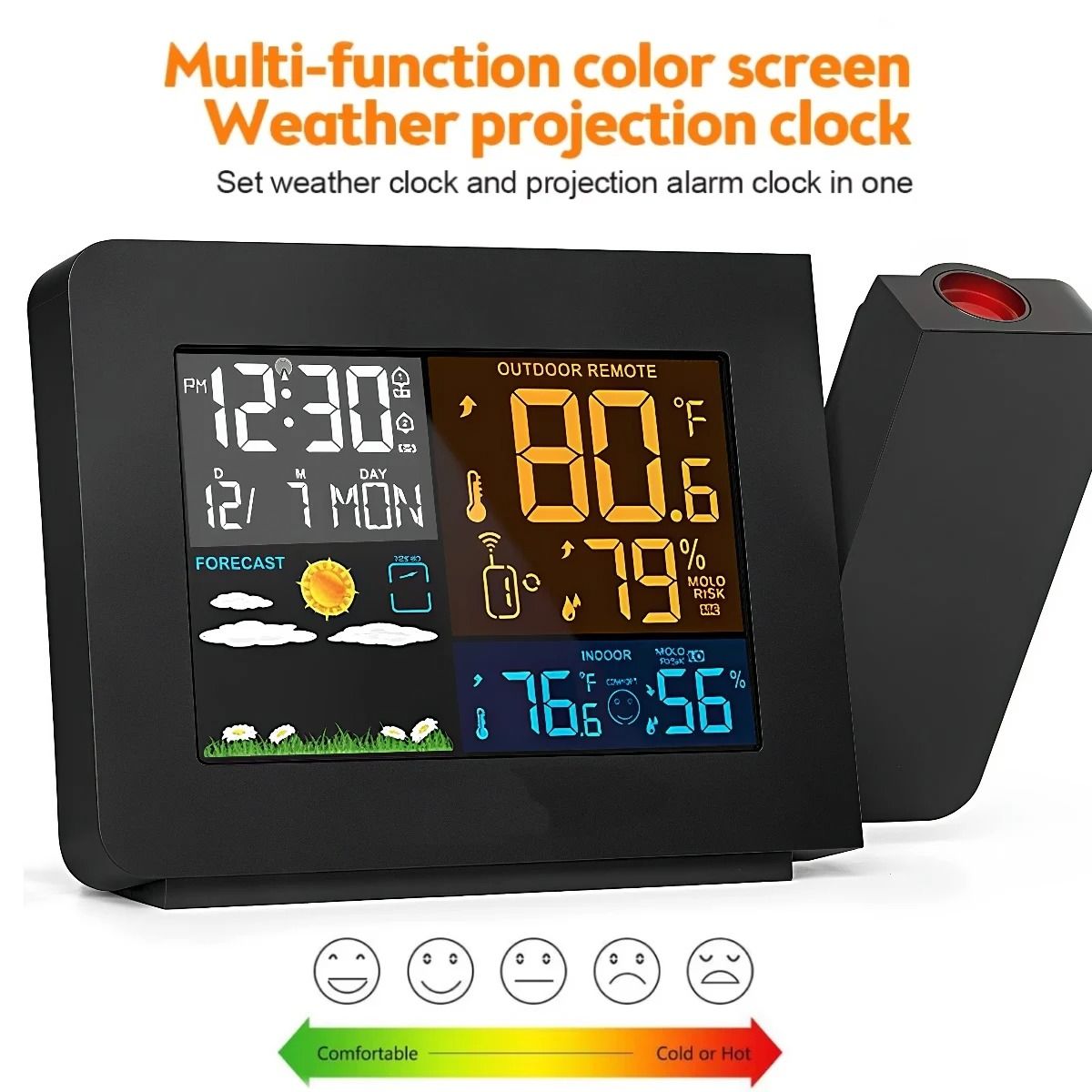 Atomic Projection Alarm Clock with Weather Station for Bedrooms, Projector Clocks with WWVB Function, Indoor Outdoor Thermometer