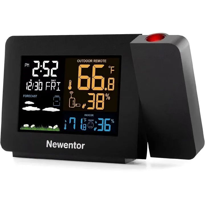 Atomic Projection Alarm Clock with Weather Station for Bedrooms, Projector Clocks with WWVB Function, Indoor Outdoor Thermometer