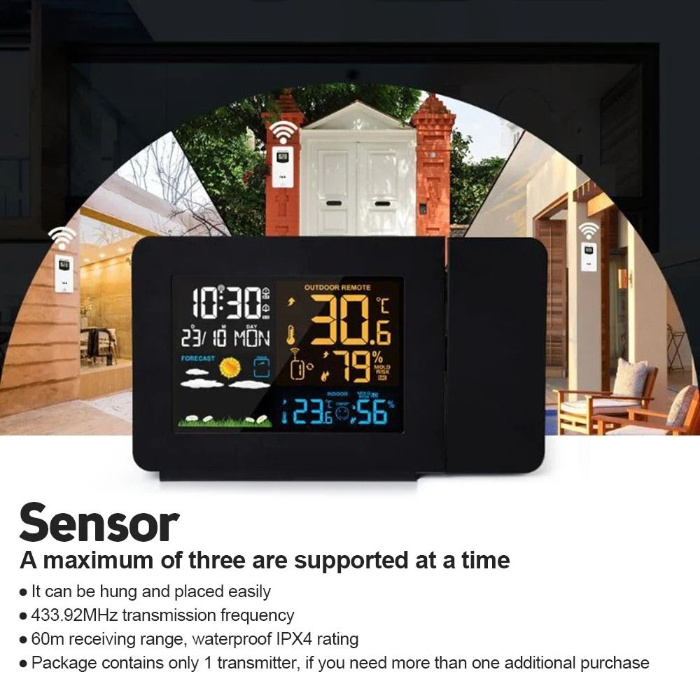 Atomic Projection Alarm Clock with Weather Station for Bedrooms, Projector Clocks with WWVB Function, Indoor Outdoor Thermometer