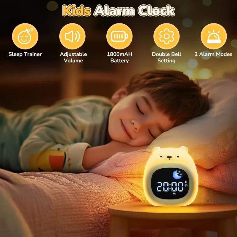 Alarm Clock for Kids Sleep Training Clock Cute Touch 9 Colors Night Light with White Noise Machine for Children Bedroom