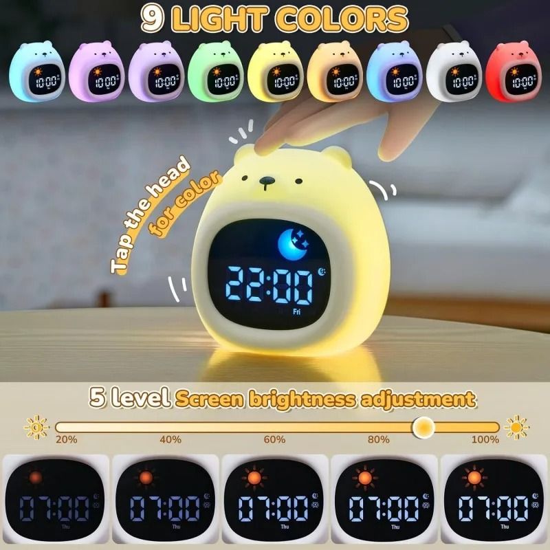 Alarm Clock for Kids Sleep Training Clock Cute Touch 9 Colors Night Light with White Noise Machine for Children Bedroom