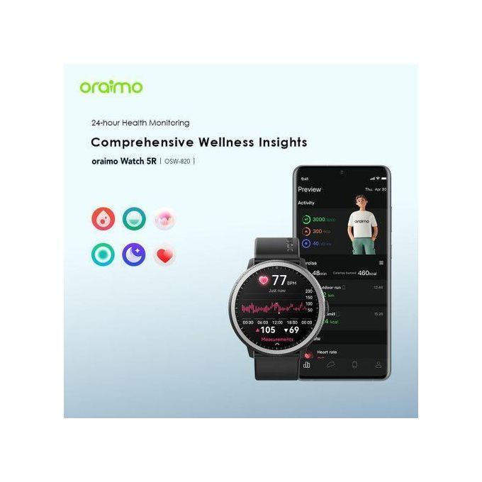 Oraimo Watch 5R Smartwatch 1.43 AMOLED Display, IP68 Waterproof, Heart Rate and Monitor, Fitness Tracker