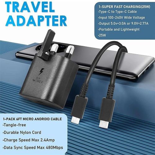 Samsung Fast Charger 25W USB C Type C To C Full Wall Charger Super Fast Adapter Android Phone Charger For Galaxy A16, A15 5G A14 A13 A53 A54 A55 A06 A04s A05s A12 A52 S25 S24 S23 S22 S21 S20 S10 Z Fli