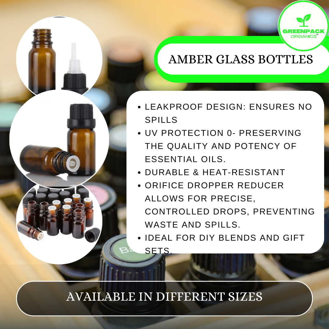 Greenpack Organics’ Empty Amber Glass Essential Oil Bottles with Orifice Dropper Reducer and Black Cap