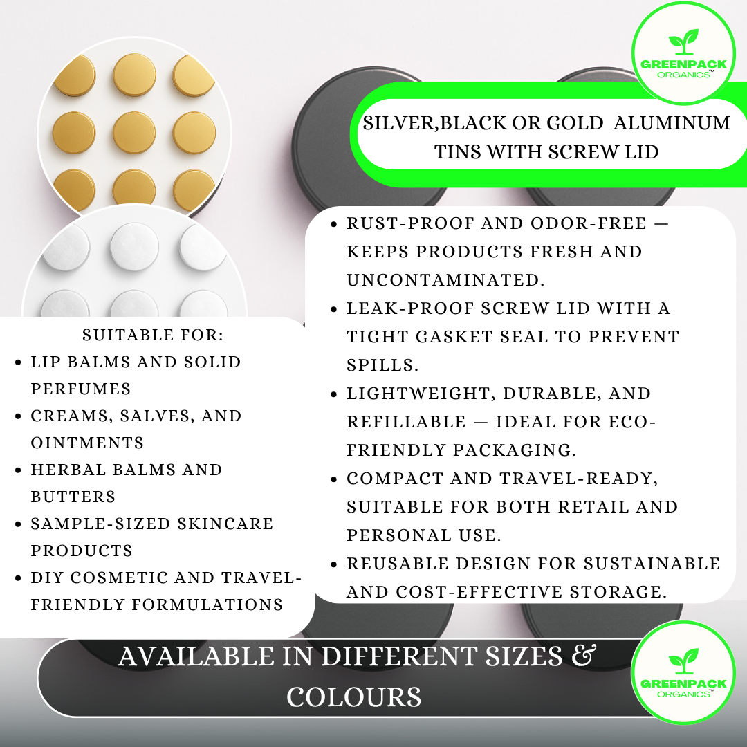 Greenpack Organics’ Aluminum Tin with Screw Lid - Perfect for lip balms, creams, and solid products,