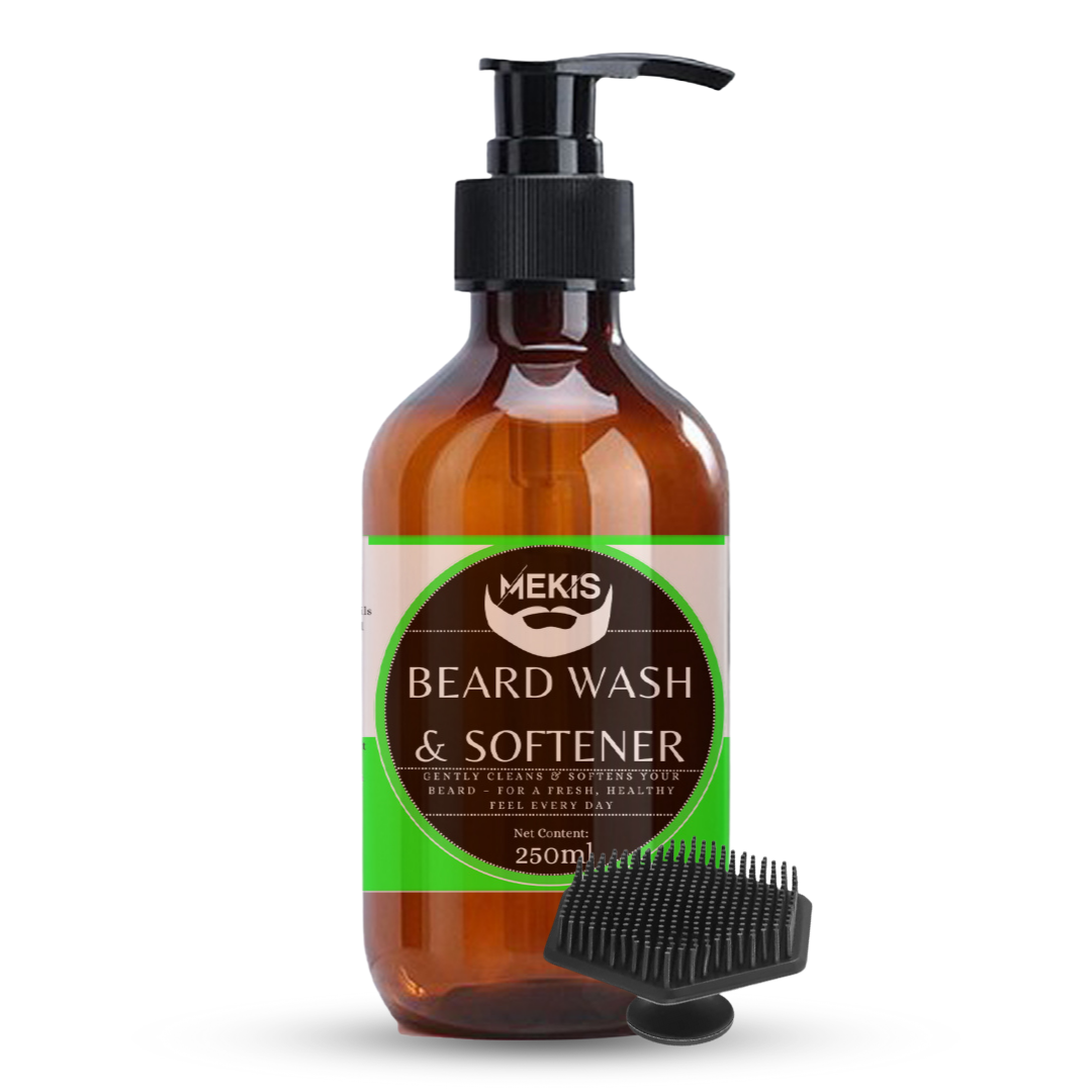 Mekis Beard Wash & Softener - 250ml ,With Silicone Brush ,Gently cleans dirt, oil, and buildup,Softens coarse beards