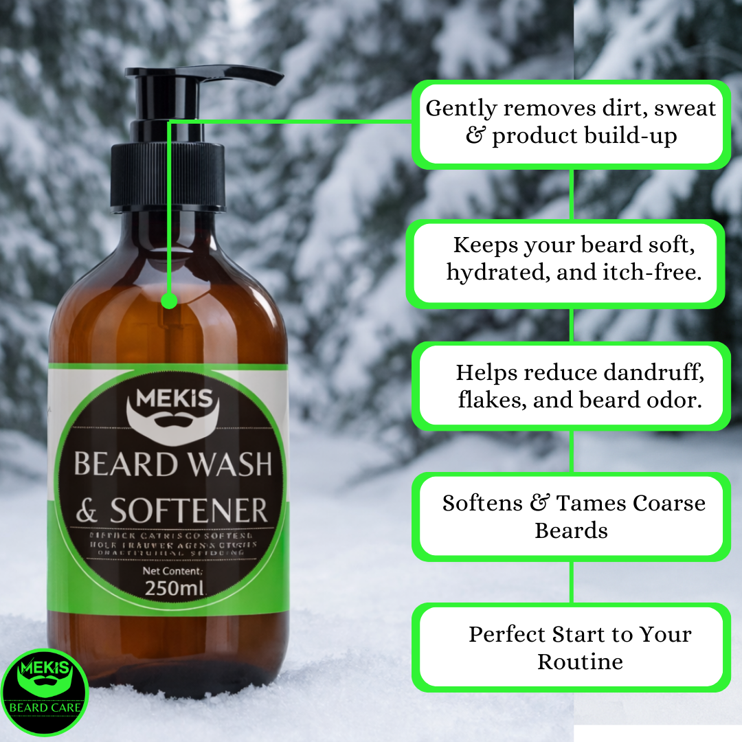 Mekis Beard Wash & Softener - 250ml ,With Silicone Brush ,Gently cleans dirt, oil, and buildup,Softens coarse beards