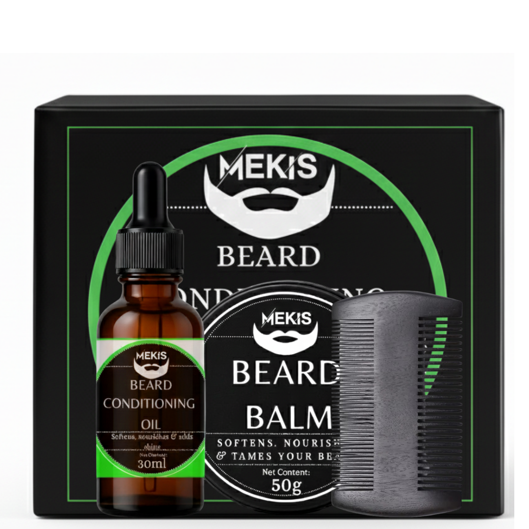 Mekis Beard Conditioning Oil + Balm + Comb Set - For a soft, healthy, and great-looking beard