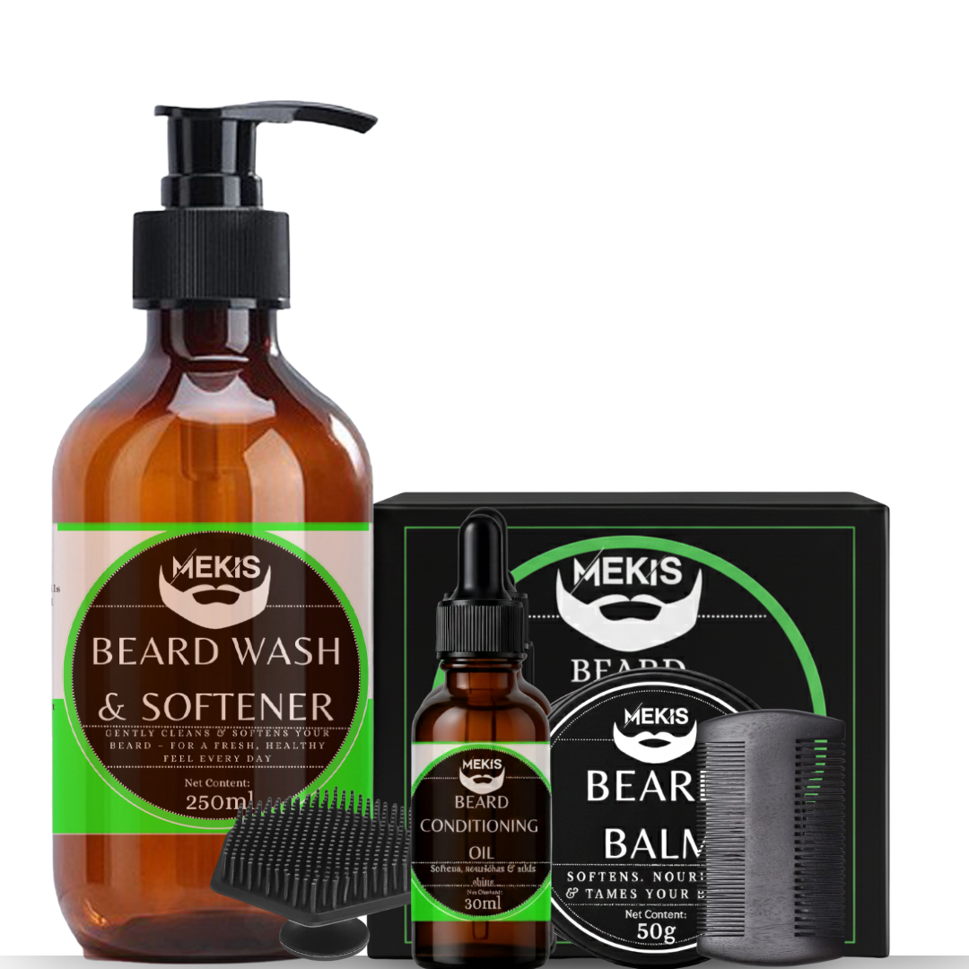 Mekis Complete Beard Care Kit -Beard Wash & Softener (250ml) + Beard Conditioning Oil (30ml) + Balm(50g) + Comb + Brush