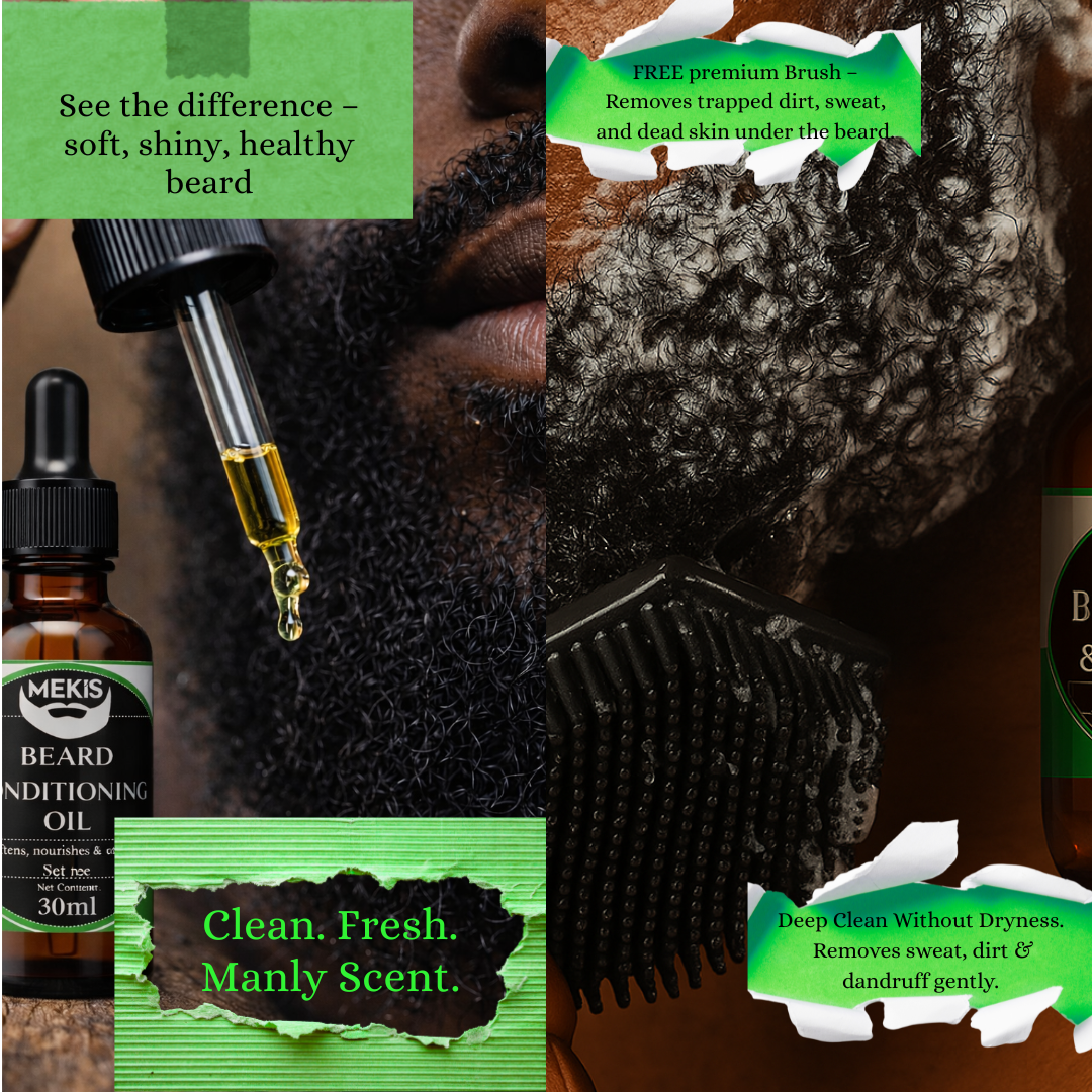 Mekis Complete Beard Care Kit - Beard Wash & Softener (180ml) + Beard Conditioning Oil (15ml) + Balm(30g) |