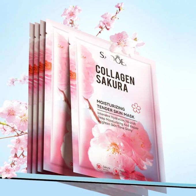 SADOER OFFER Collagen Sakura Face Mask Anti-Aging Face Mask Moisturizing Firming Anti-aging Repair Brightening Facial Sheet Mask Minimize Wrinkles, Restores Skin Elasticity & Firmness