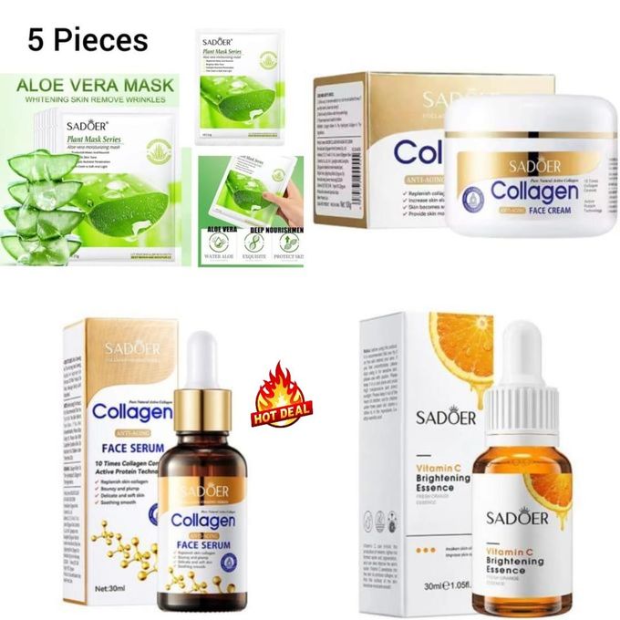 SADOER 8 Pieces Anti Aging Collagen Set + Vitamin C Face Brightening Essence, 5 Pieces Aloe Face Mask + Collagen Cream+ Collagen Serum + Vitamin C Serum