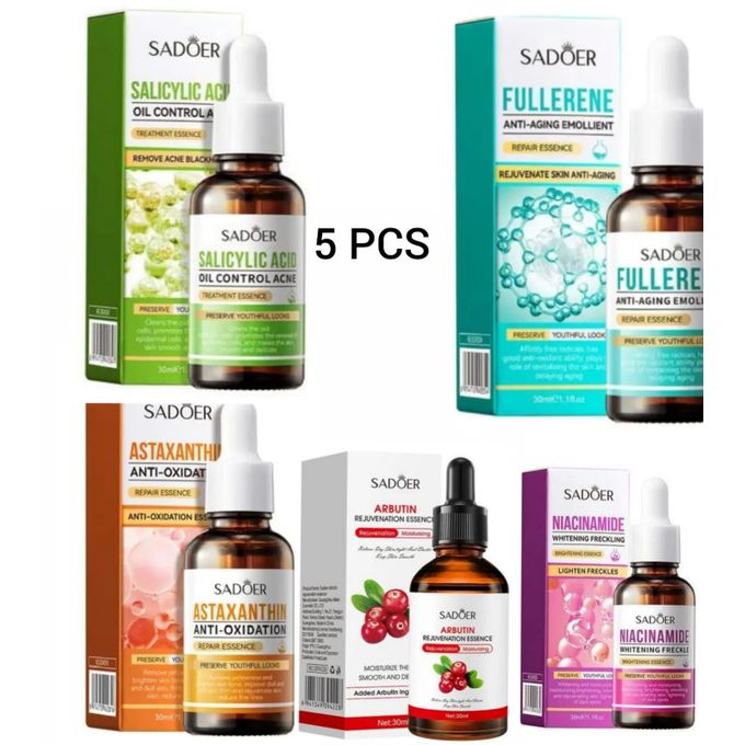 SADOER 5 in 1 PAck Anti Acnes Salicylic Acid Essence, Oil Control+ Fullerene Anti Aging Rejuvenate Repair Essence+Skin Rejuvenating Alpha Arbutin Serum+ Astaxanthin Anti-Oxidation Deep Hydrating Face