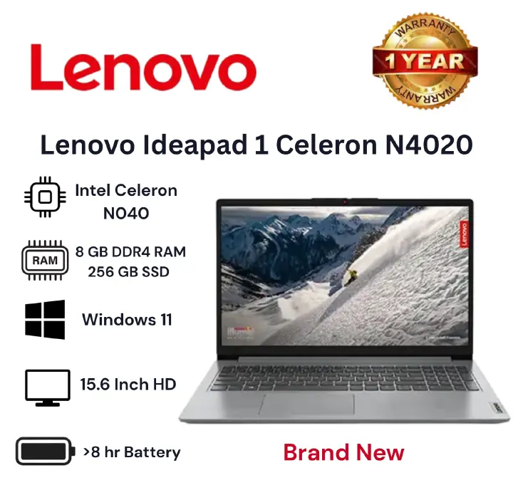 Brand NEW Lenovo Ideapad 1 Celeron N4020 8GB RAM 256GB SSD | 15.6'' Inch HD display School & Business Laptop Computer Notebook Windows 11 New Laptops Lenovo Laptop