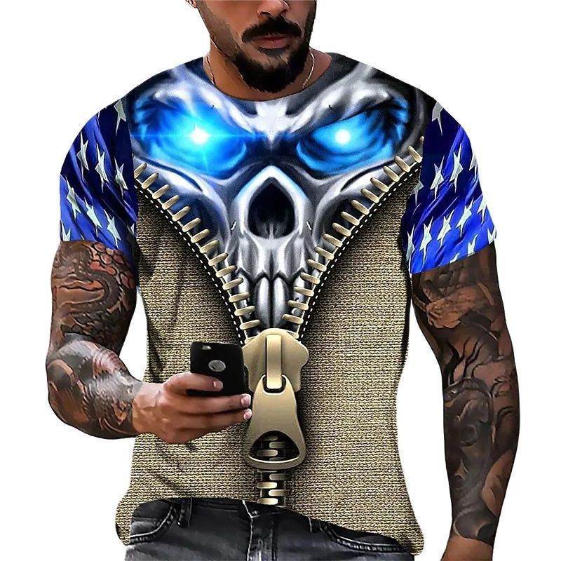 Amazon's best-selling skeleton digital printed 3D T-shirt on AliExpress, men's summer breathable short sleeved top made of cotton
