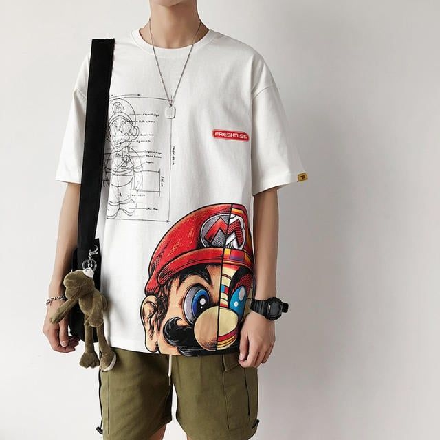 Anime Print Oversized Men T Shirt Hip-Hop Cotton T-shirt O-neck Summer Japanese Male Causal Tshirts 5XL Fashion Loose Tees White M
