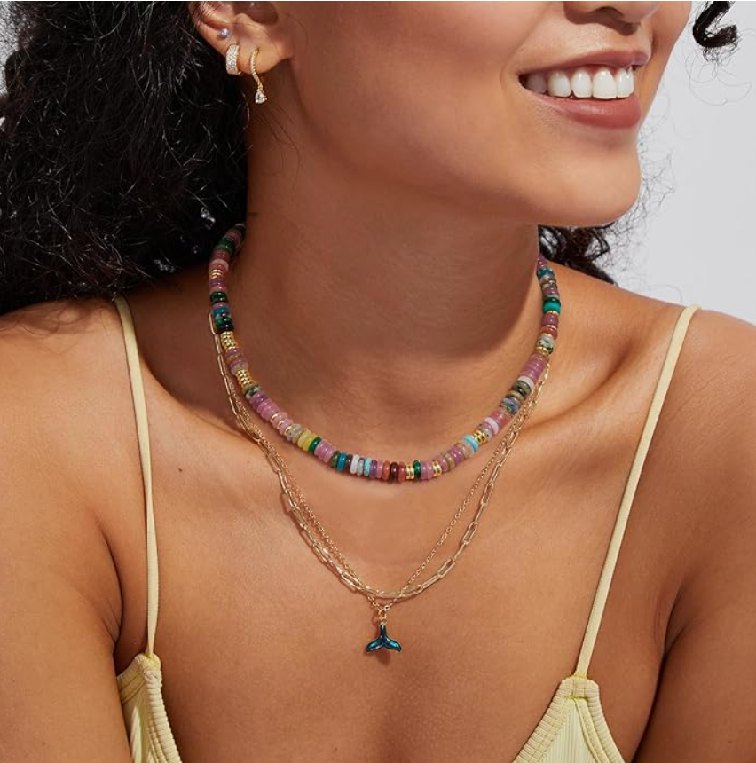 Boho Beaded Choker Necklace for Women, Gemstone Choker Natural Stone Freshwater Pearl Surfer Necklaces 18K Gold Plated Summer Beach Handmade Jewelry Rainbow One size