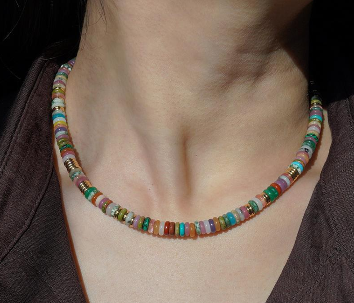 Boho Beaded Choker Necklace for Women, Gemstone Choker Natural Stone Freshwater Pearl Surfer Necklaces 18K Gold Plated Summer Beach Handmade Jewelry Rainbow One size