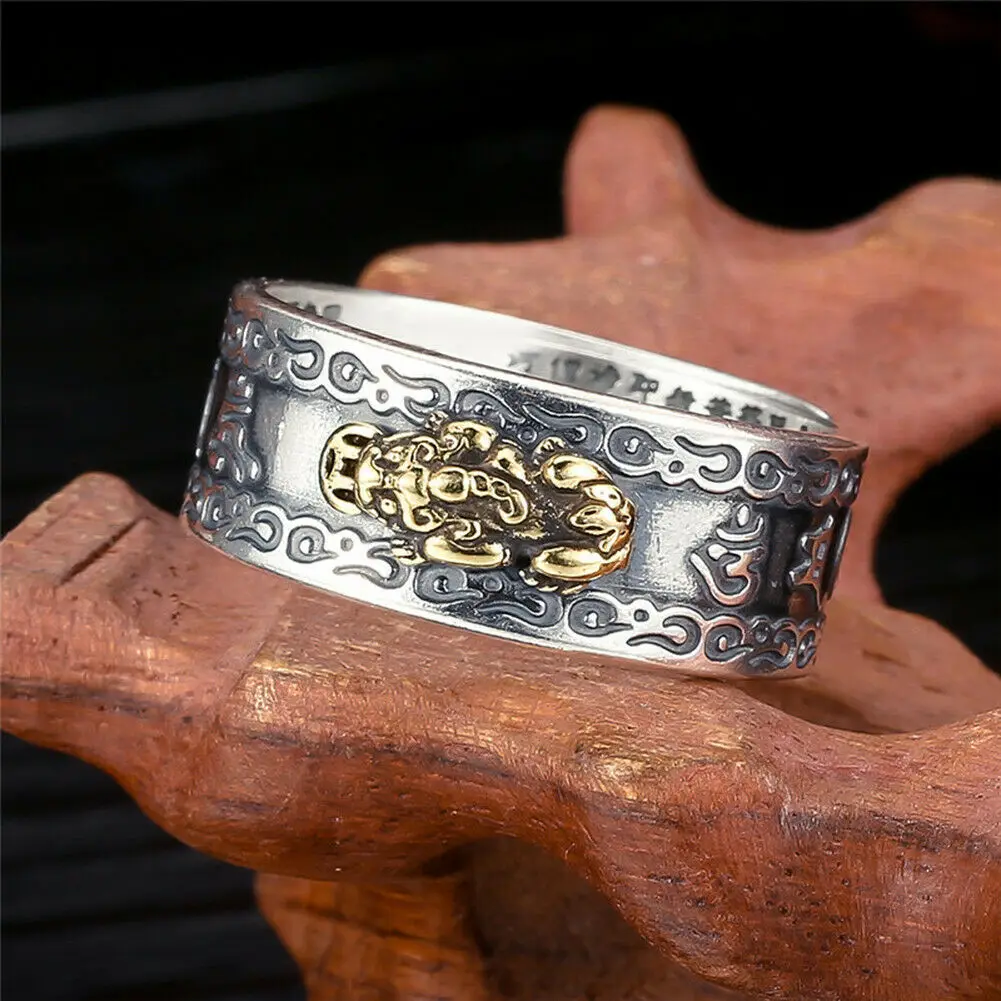 1Pcs Feng Shui Pixiu Charm Ring Amulet Protection Wealth Lucky Vintage Open Adjustable Ring Buddhist Jewelry for Women Men Gift Flying dragon One Size