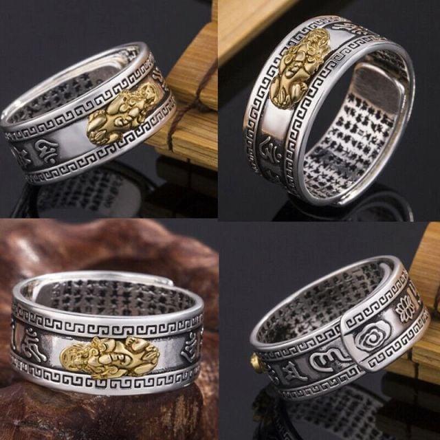 1Pcs Feng Shui Pixiu Charm Ring Amulet Protection Wealth Lucky Vintage Open Adjustable Ring Buddhist Jewelry for Women Men Gift Flying dragon One Size