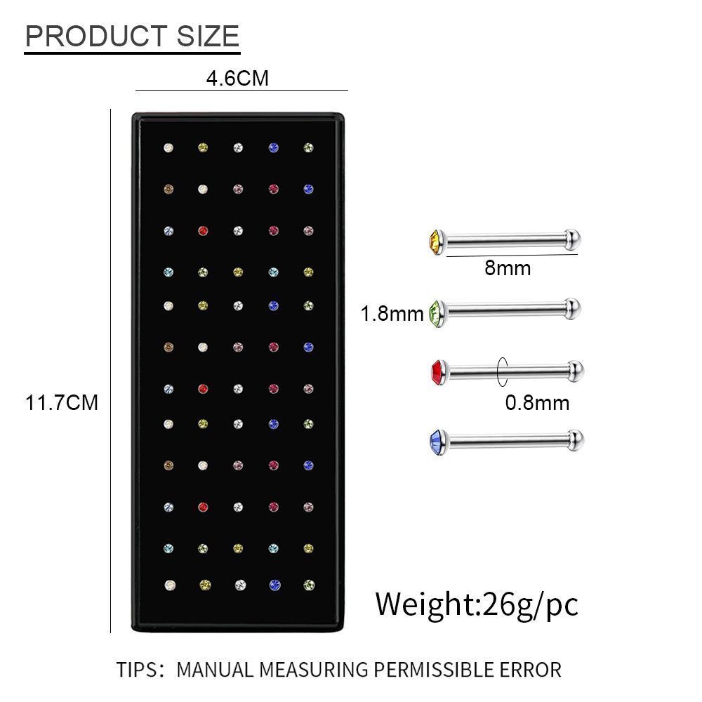 60 pieces∕pack Stainless Steel Crystal Nose Ring Set Women Girl Surgical Steel multicolor 60 PCS