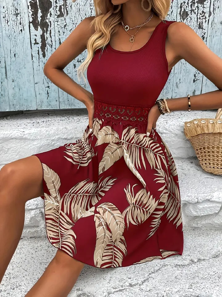 Women Sleeveless Casual Tank Dress Floral Tropical Print Lace Trim Flowy A Line Short Beach Sundress Green S