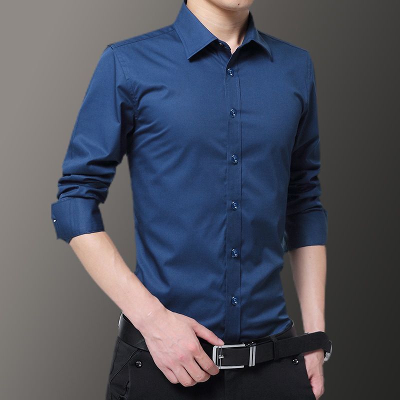 Long-sleeved shirt men's Korean version slim spring and autumn style clothes handsome gray men's shirt trendy casual formal inch clothes Black M
