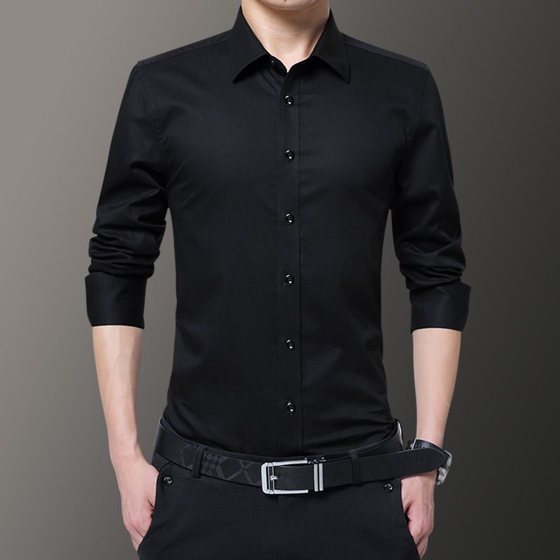 Long-sleeved shirt men's Korean version slim spring and autumn style clothes handsome gray men's shirt trendy casual formal inch clothes Black M