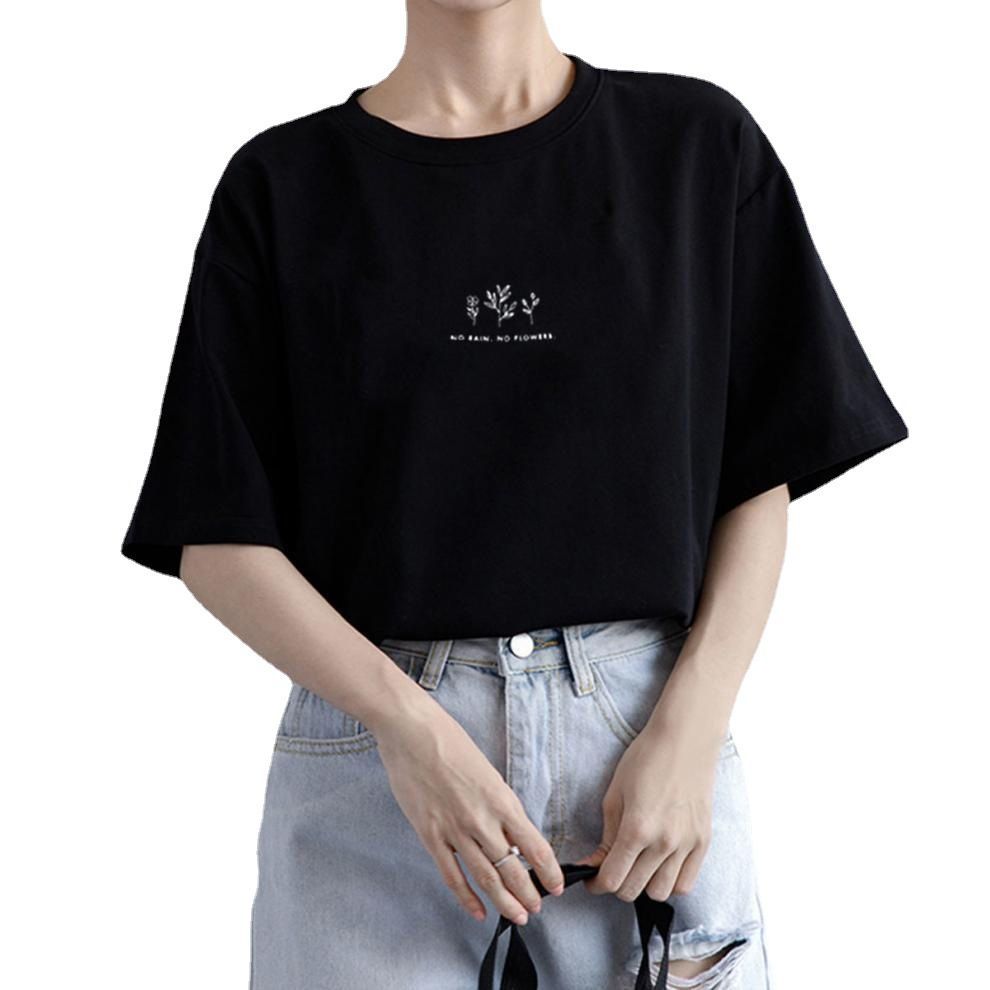 Short sleeved Korean round neck T-shirt for women in summer, loose plant printed casual solid color base shirt, top for Korean women's clothing