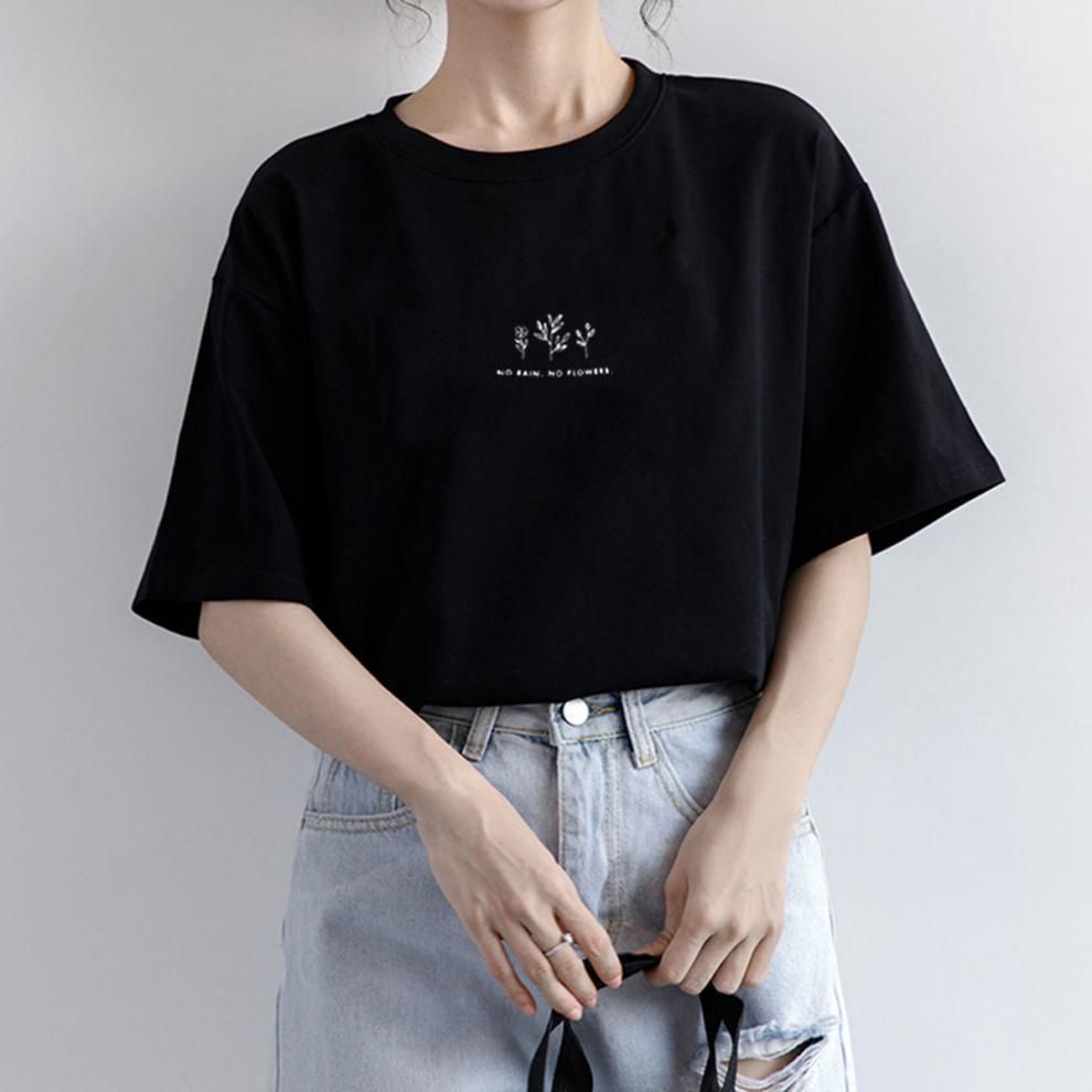 Short sleeved Korean round neck T-shirt for women in summer, loose plant printed casual solid color base shirt, top for Korean women's clothing