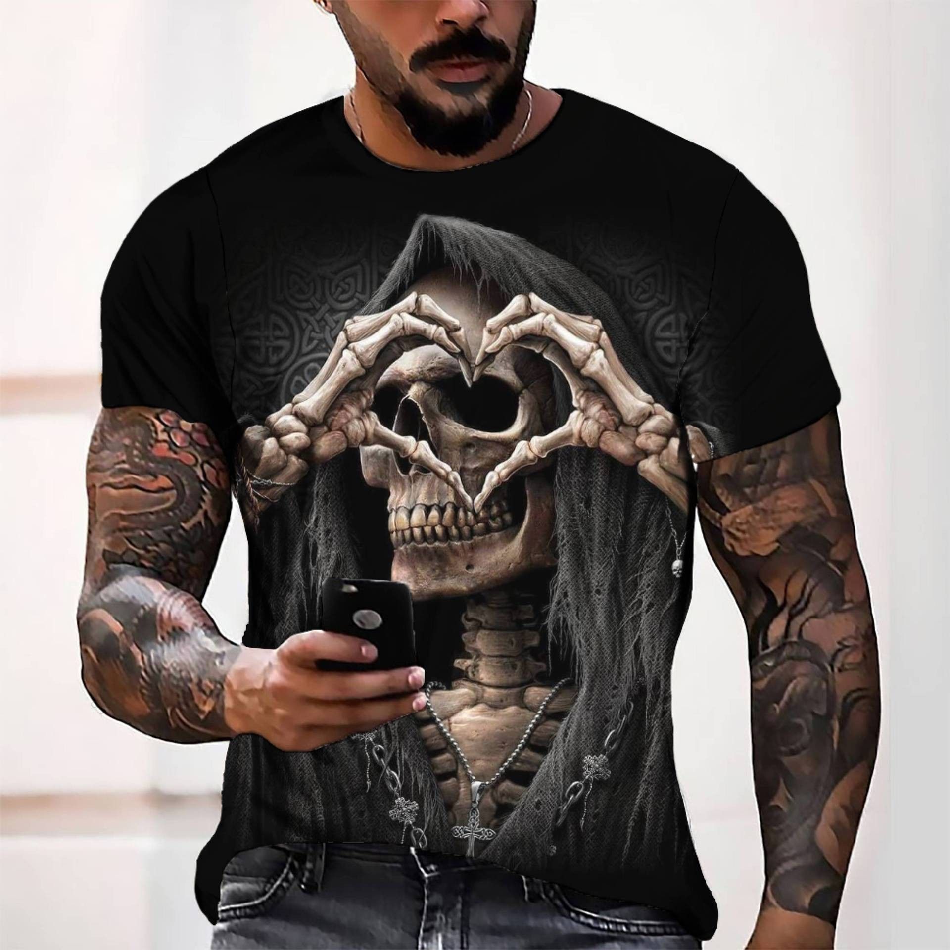 2025 new skull print 3D digital print summer casual spot round neck youth 3D T-shirt
