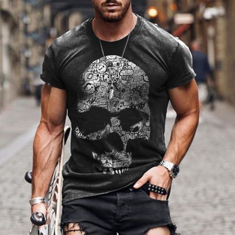 2025 new skull print 3D digital print summer casual spot round neck youth 3D T-shirt