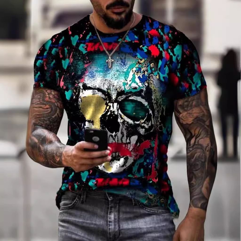 2025 new skull print 3D digital print summer casual spot round neck youth 3D T-shirt
