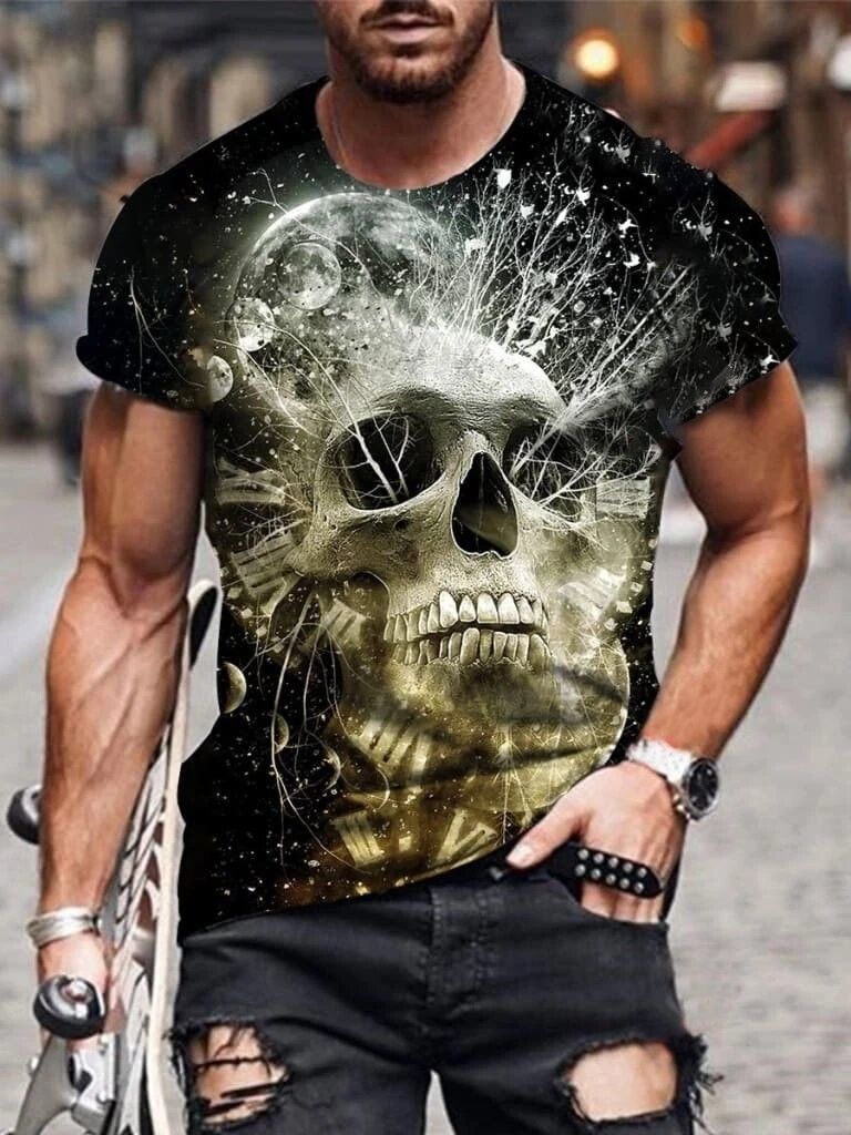 2025 new skull print 3D digital print summer casual spot round neck youth 3D T-shirt