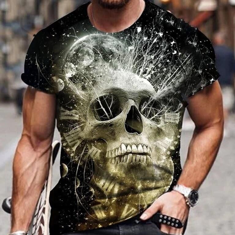 2025 new skull print 3D digital print summer casual spot round neck youth 3D T-shirt