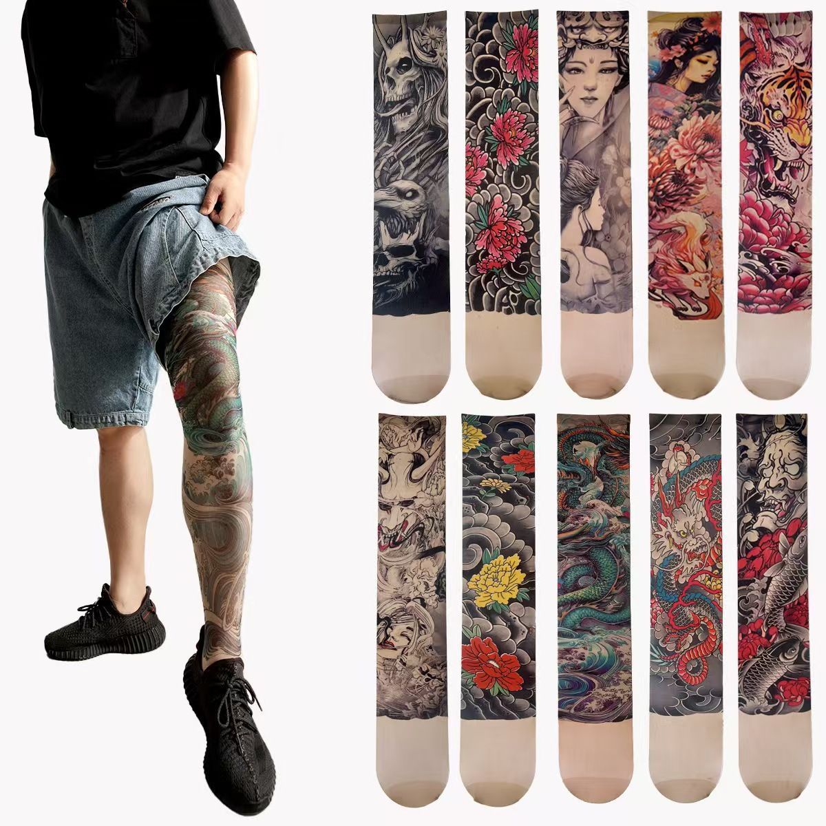 2*Sets 360 ° digital printed leg tattoo single tube stockings trendy summer thin cut anti hook stockings