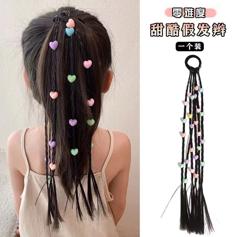 New Sweet Cool Boxing Braid Children's Wig Braid Hair Ring Little Girl High Ponytail Love Braided Hair Rope Hair Accessories